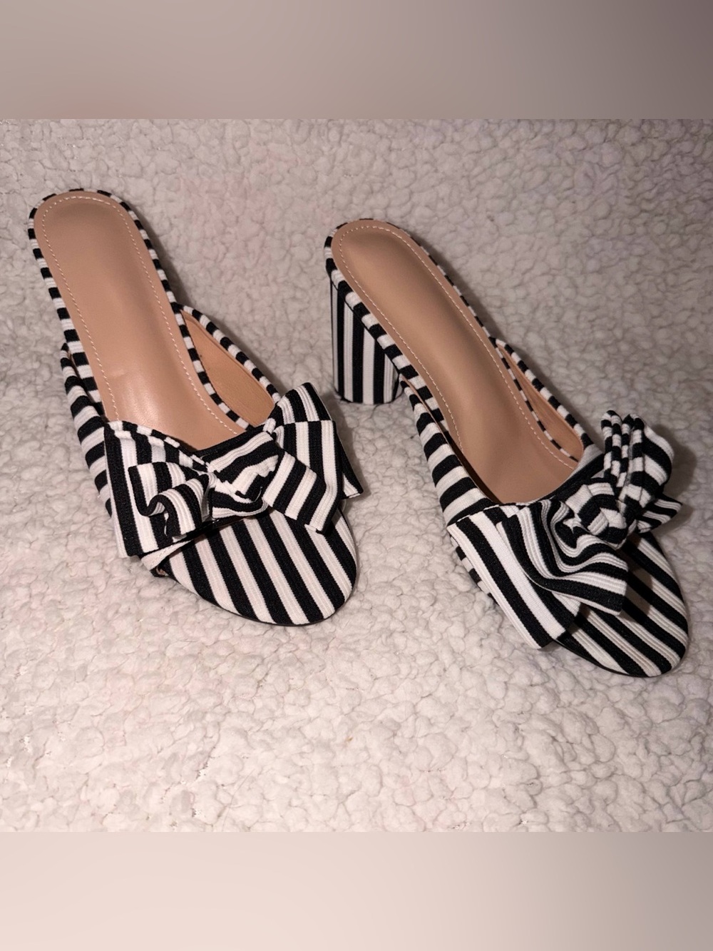 Striped Black & White Bow Block Heel - Women